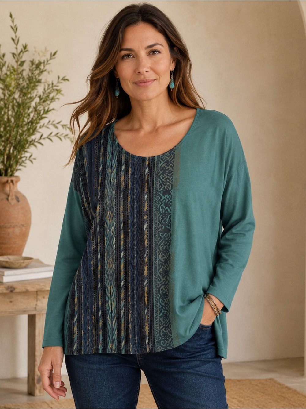 Peruvian Connection Pima Cotton Modal Aztec Graphic Teal Top M art to wear artsy